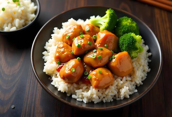 Tsos Chicken Over Rice with Onions and Broccoli